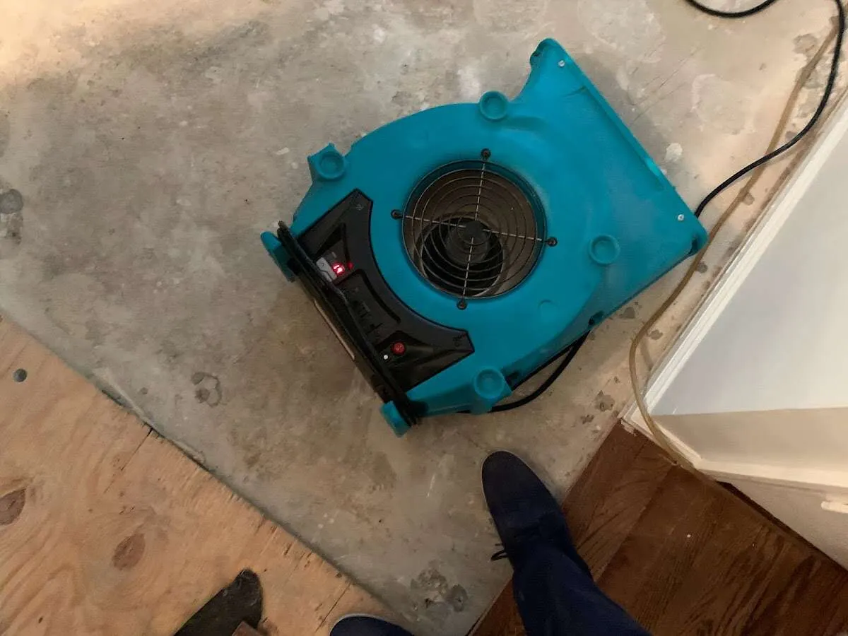Air mover drying subfloor during Leak Detection & Repair in Newport